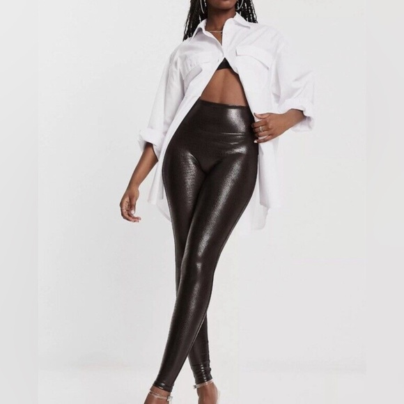 SPANX Sz M Crocodile Embossed Leggings Comfort Waist Ankle Length Dark Brown - Picture 2 of 11